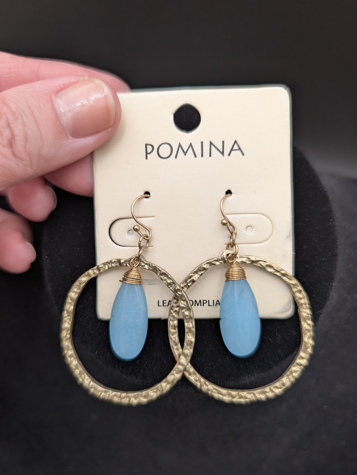 Pomina Earrings Blue Drop Gold Tone Hammered Hoop Dangle Lead Compliant Women