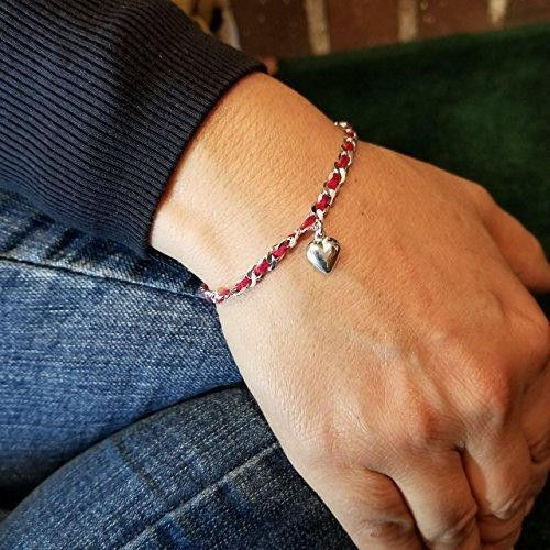 Red String Puff Heart Bracelet Adjustable 925 Sterling Silver Handmade