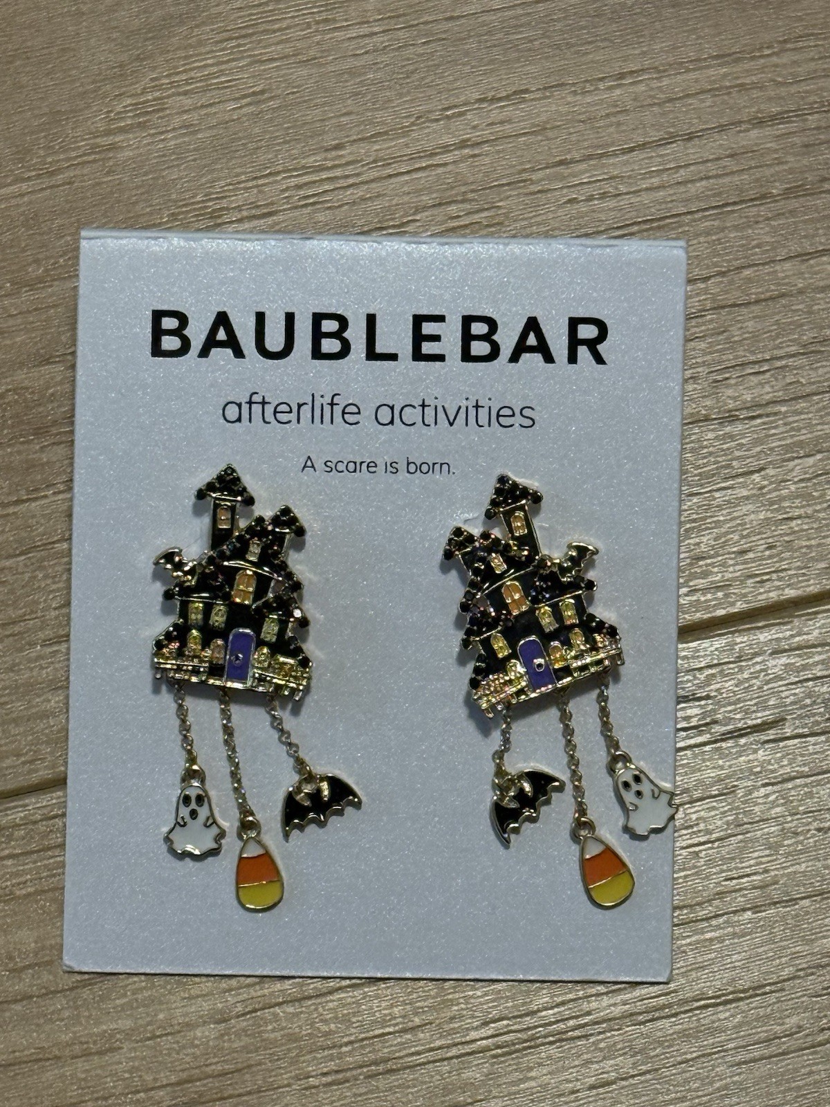 Baublebar Afterlife Activities Haunted House Dangle Earrings Ghost Bat Gold Tone