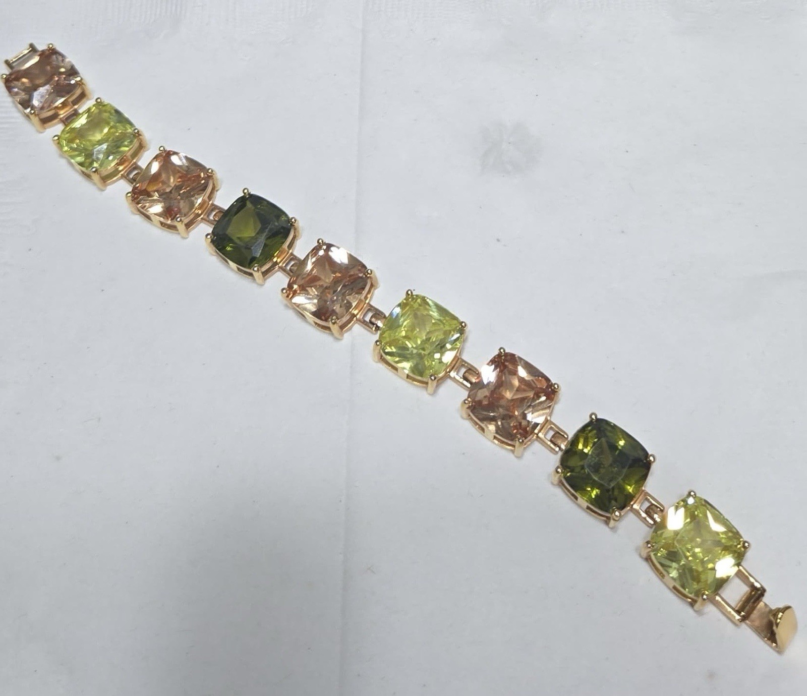 Gold Green Peach Square Stone Tennis Bracelet Prong Setting Metal Link Design