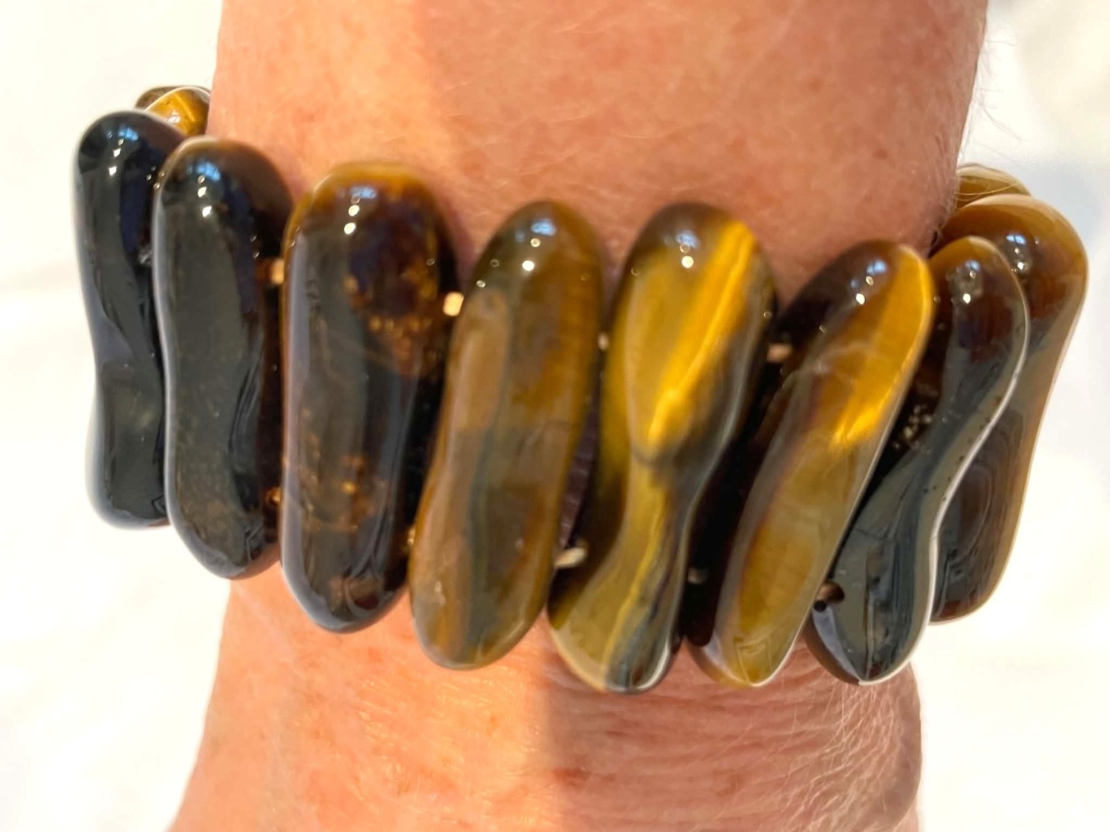 Chunky Tiger Eye Stretch Bracelet Wide Cuff Polished Curved Beads Excellent Cond