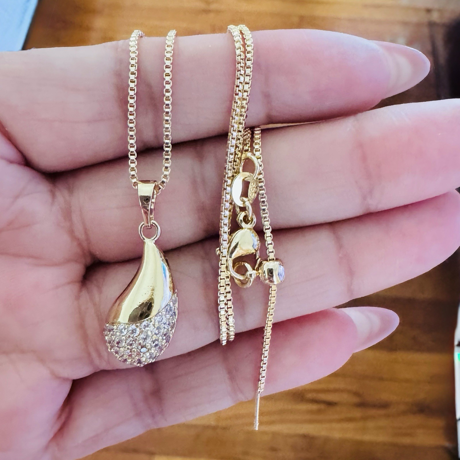 14K Gold Plated Teardrop Pendant Necklace White Crystal Pavé Box Chain necklace
