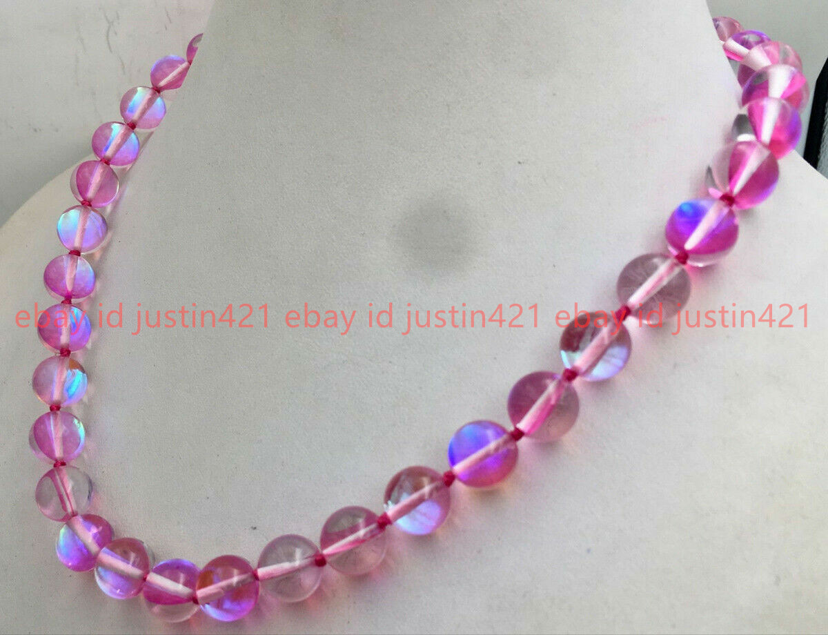 Natural 6/8/10/12mm pink Gleamy Rainbow Moonstone Round Gems Necklace 18” AAA