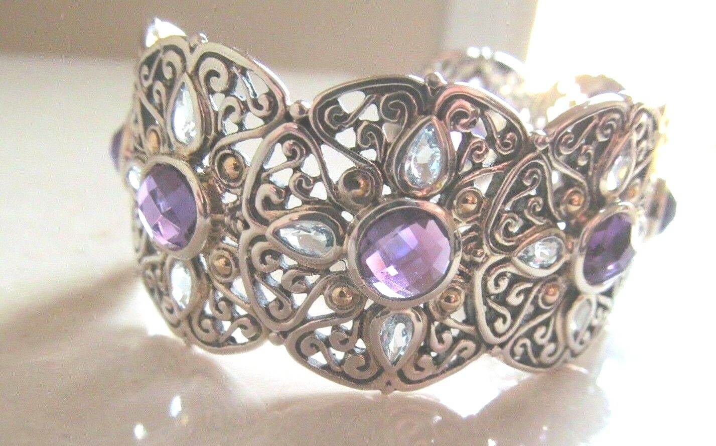 SAMUEL B. STERLING & 18 KT AMETHYST & BLUE TOPAZ GEMSTONE BRACELET $1200.+