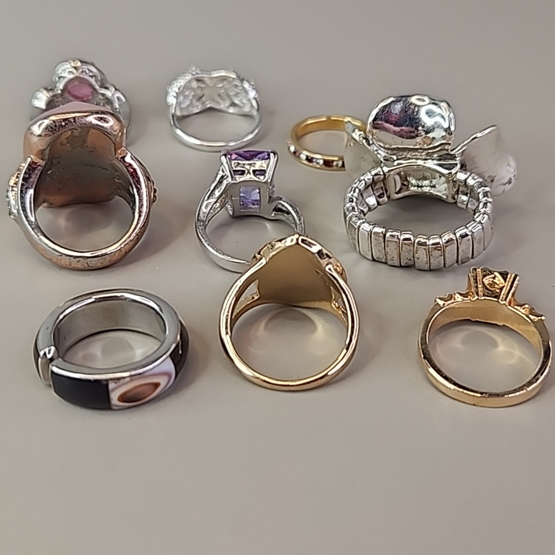 Ring Lot of 9 Gemstones Rhinestones Stretch Various Sizes Costume