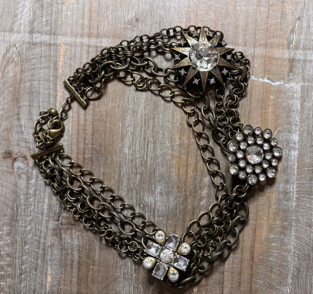 Antique Bronze Multi-Strand Layered Cable Chain Necklace Clear Rhinestone Charms