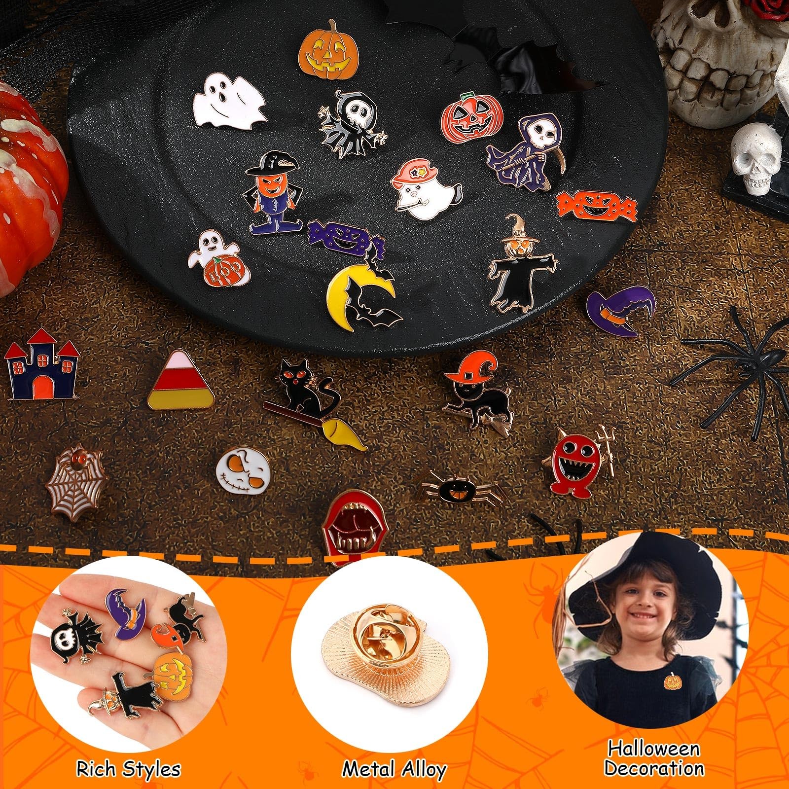 Halloween Pins, Enamel Lapel Assorted Pumpkin Ghost Bat Spider, 30 Style 60Pc