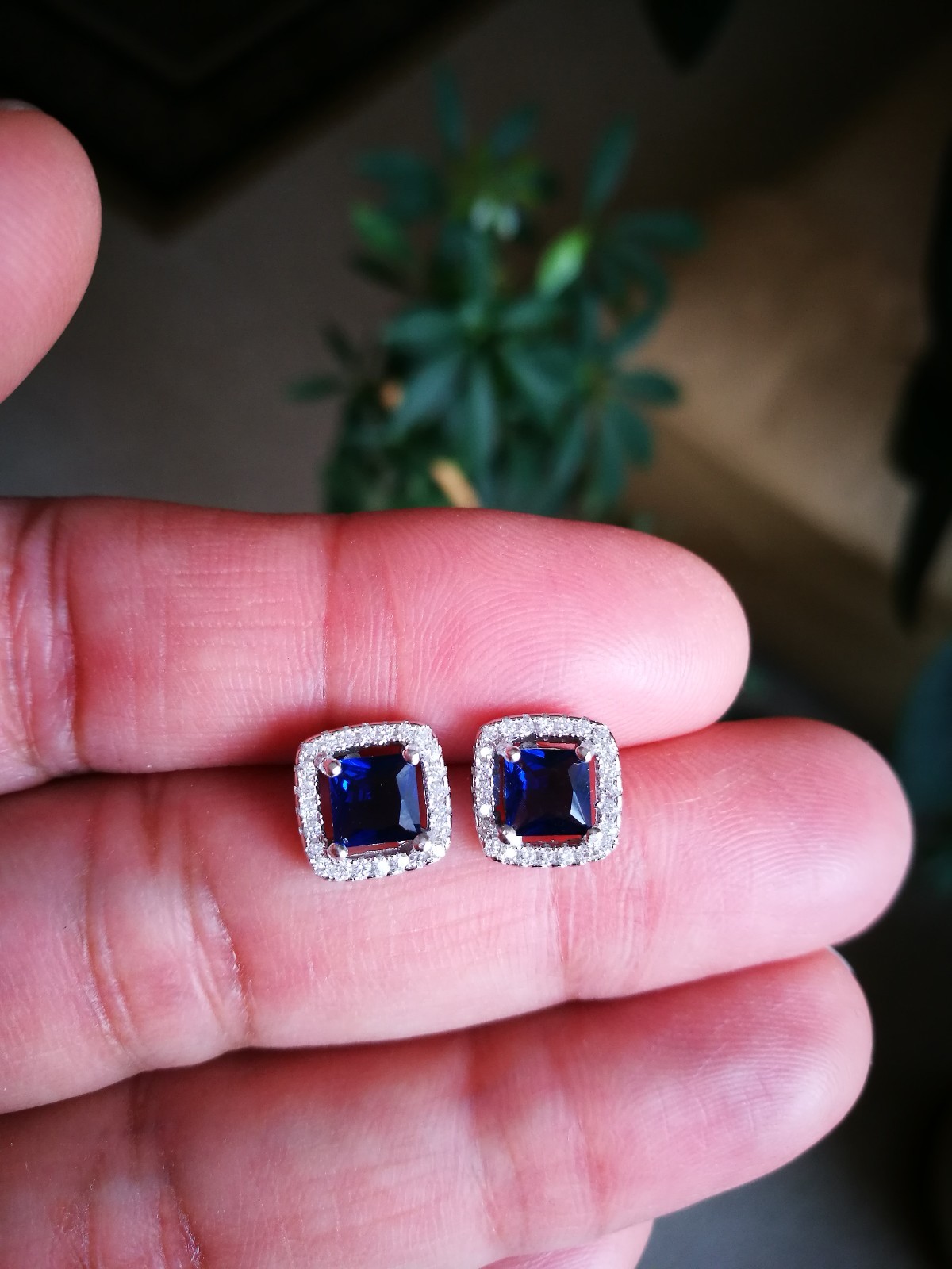 2 Ct Halo Earrings with Simulated Diamond and Sapphire in 14K White Gold plated