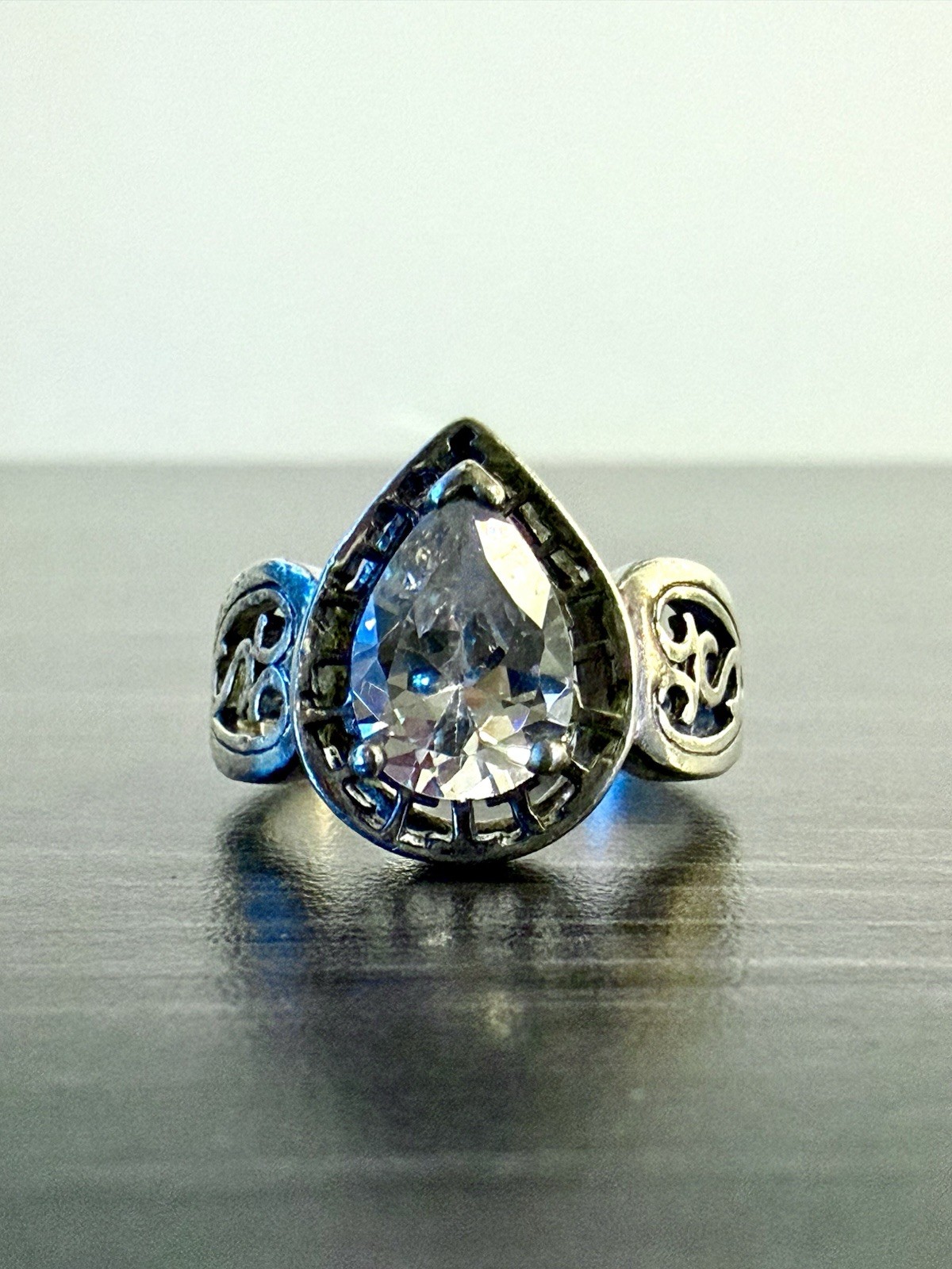 925 ATI Sterling Silver Teardrop Colorless CZ Cocktail Ring Size 6 Prong Set