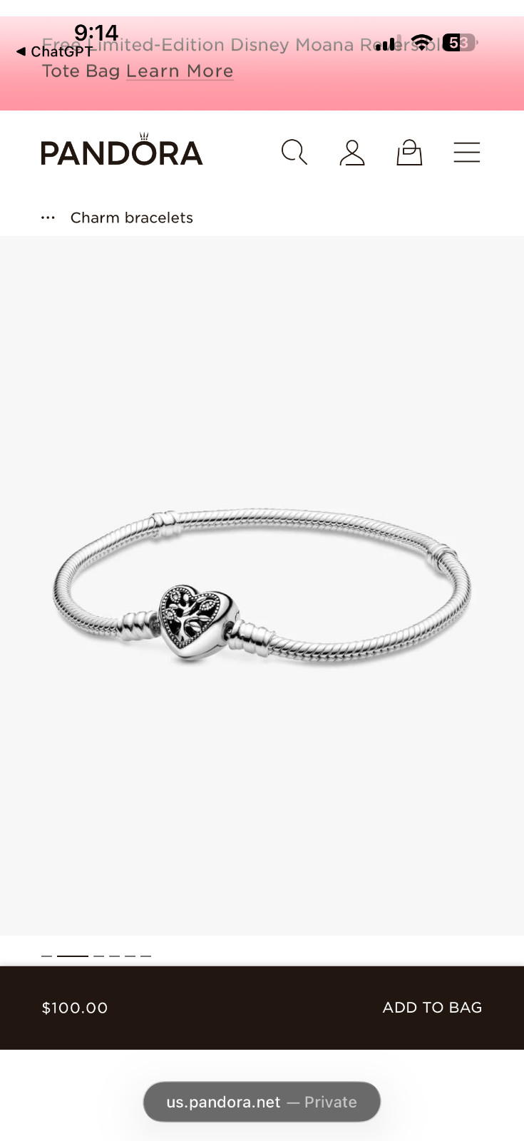 Pandora Moments Family Tree Heart Clasp Snake Chain Bracelet