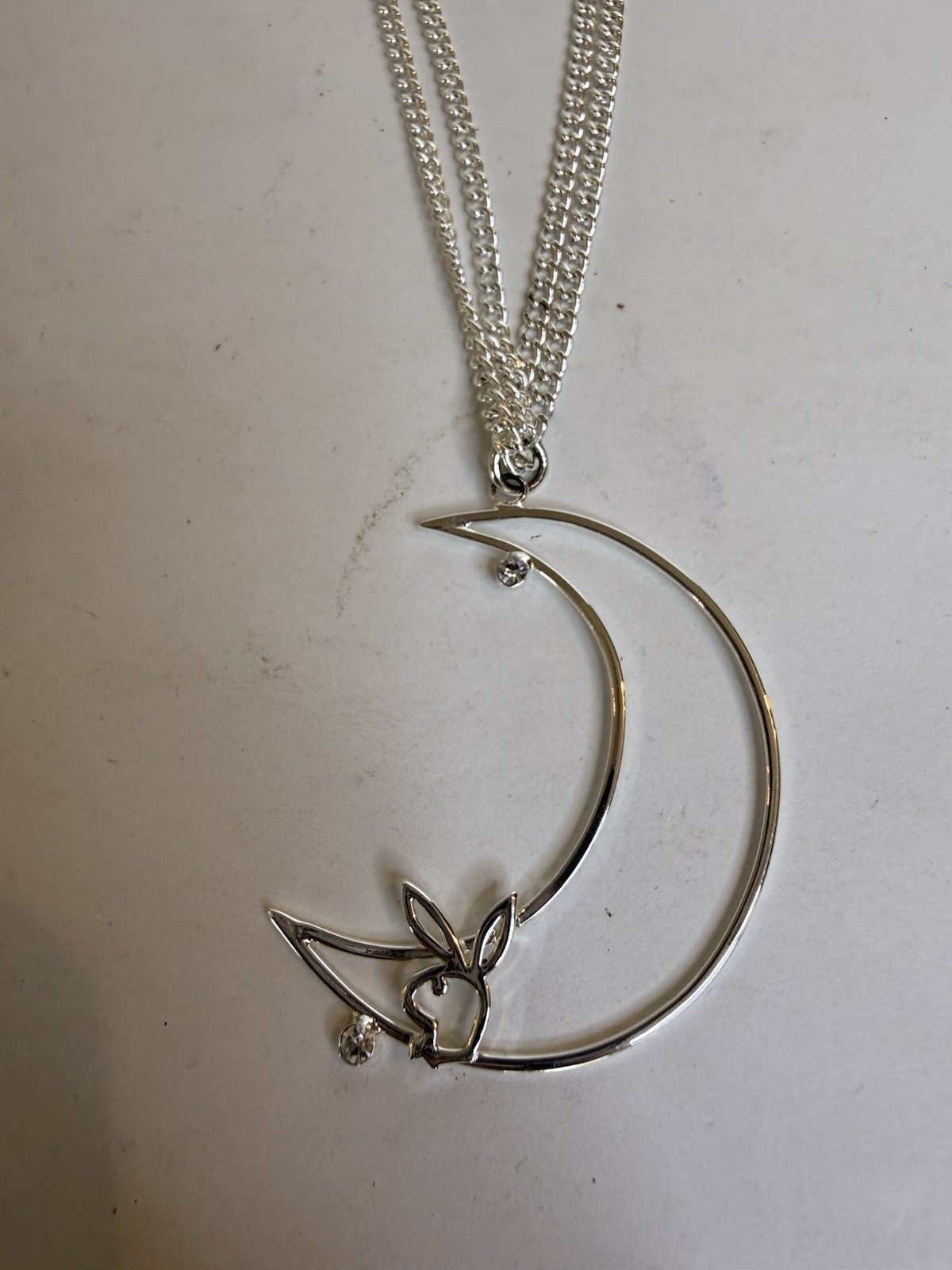 Playboy Y2K Silver Tone Fashion Necklace Moon Adjustable Bunny Head Org Box