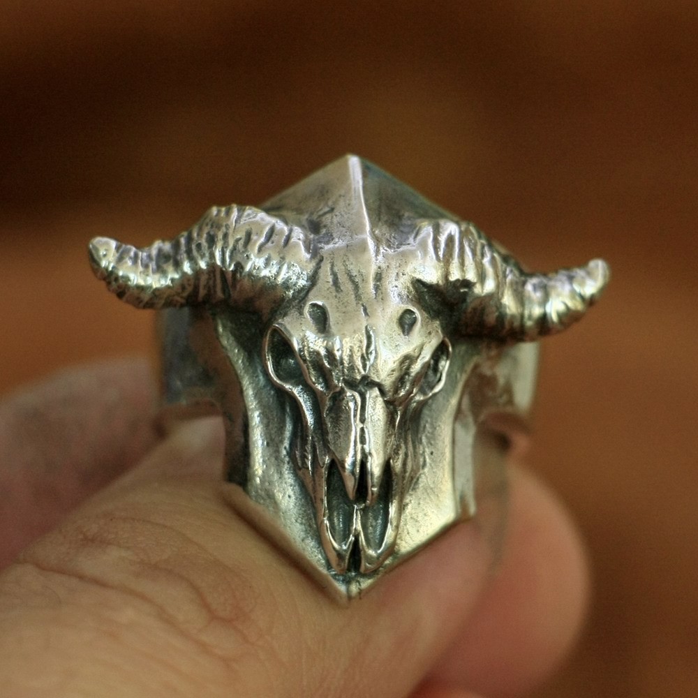 Buffalo Skull Bull Horn 925 Sterling Silver Ring Mens Jewelry TA133A US 7~13 EZ