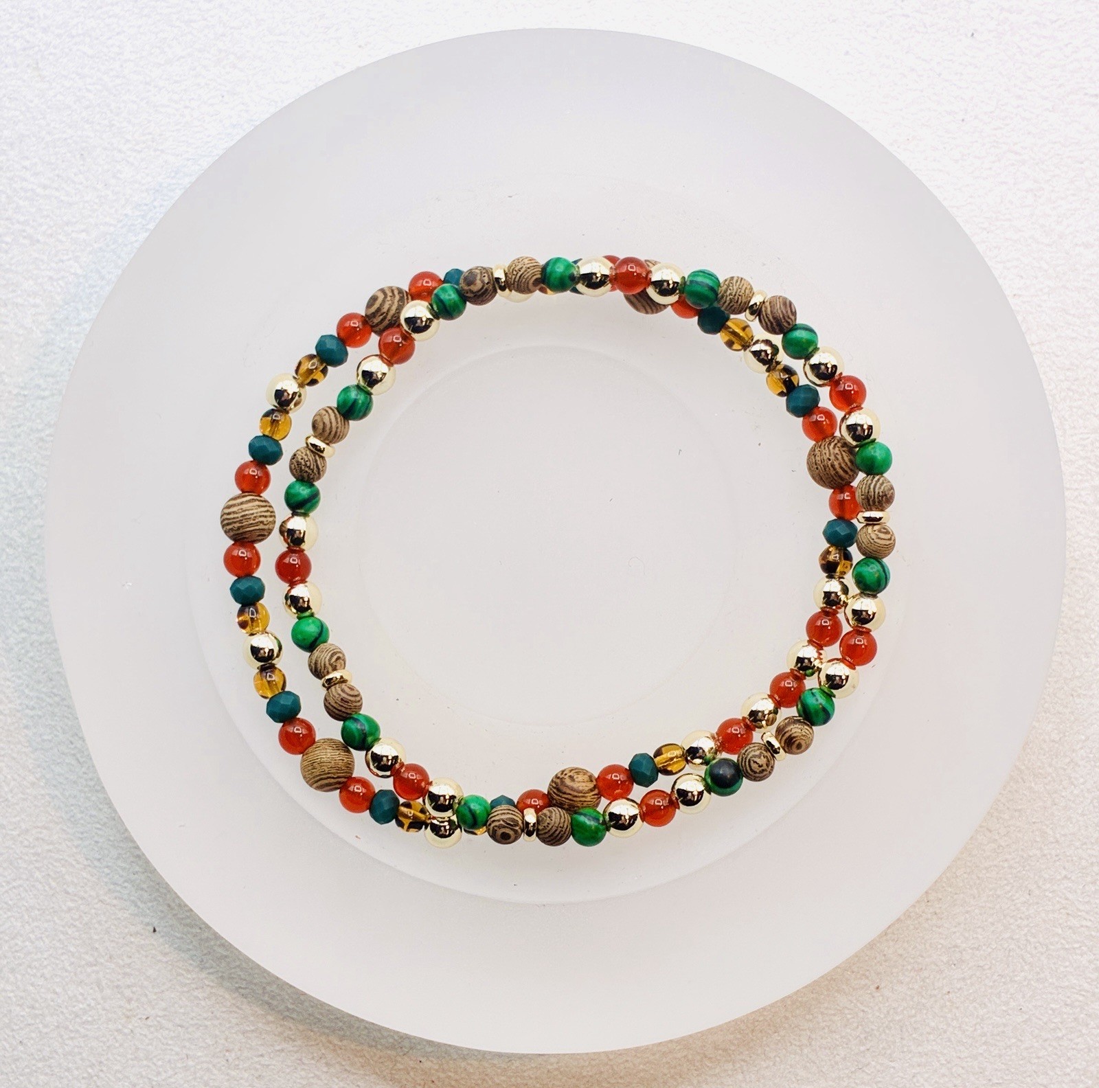 Men’s Stretch Bracelets Bodhi Seeds Carnelian Malachite & Gold Plate Beads 8.0”L