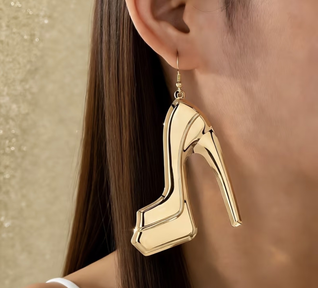 Gold Color High Heel Shoe Dangle Earrings Acrylic Light Weight Fashiom Statement