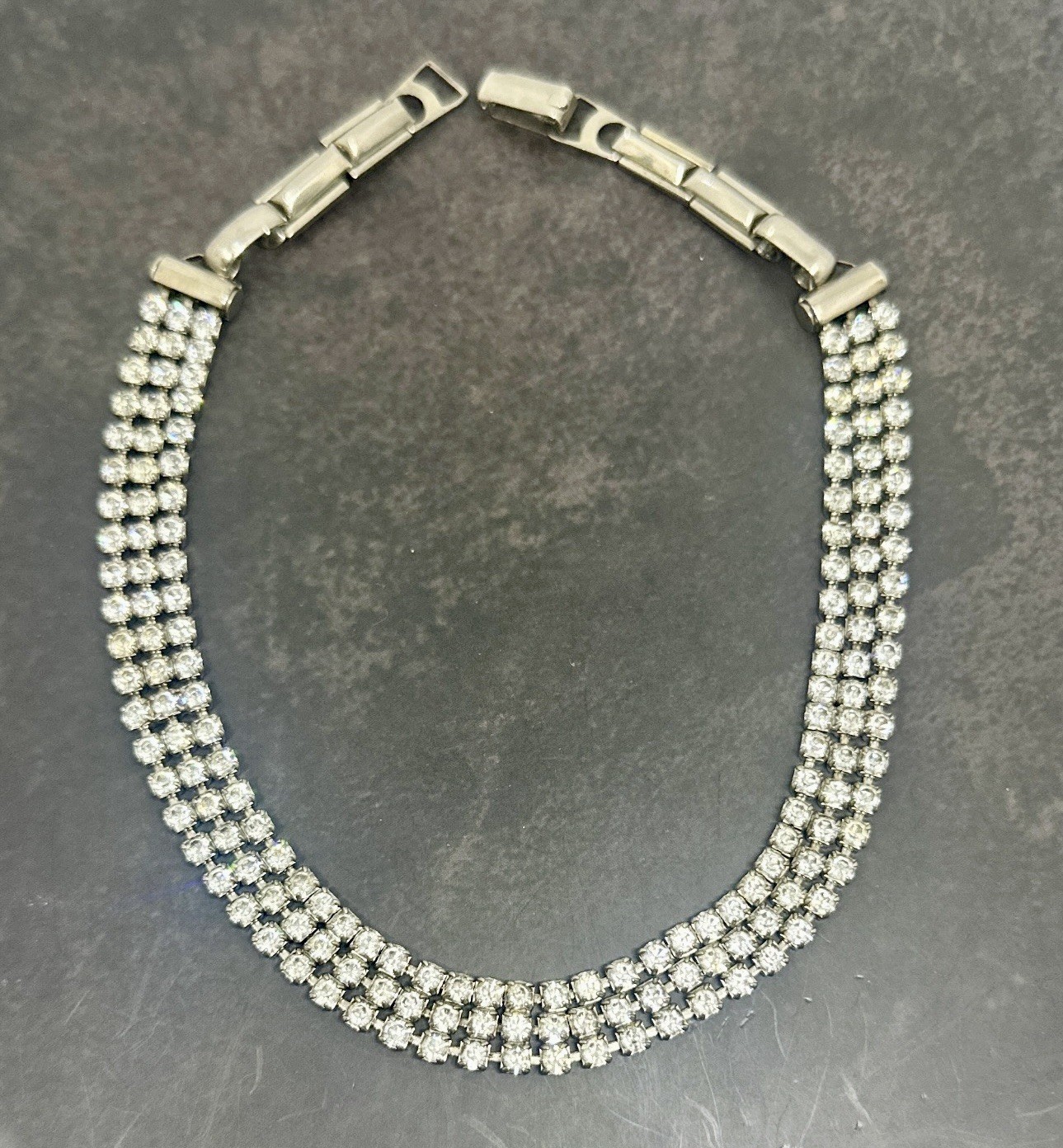 Rhinestone Choker Necklace Silver Tone Statement Three Row Sparkle 13.5″ JAPAN