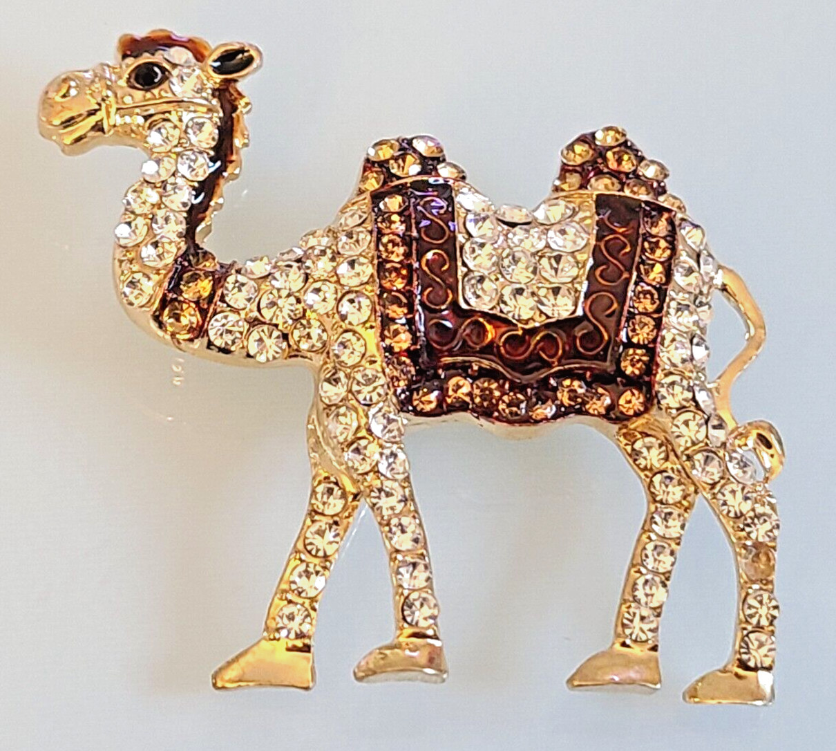BIG 2 1/4 BY 2 1/4 INCH 2 HUMP DROMEDARY CAMEL BROOCH PIN RHINESTONES SADDLE WOW