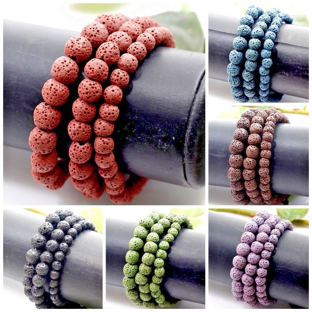 Men Lava Stretch Bracelet Round Bead Elastic 6mm 8mm 10mm Handmade 7.5″ black