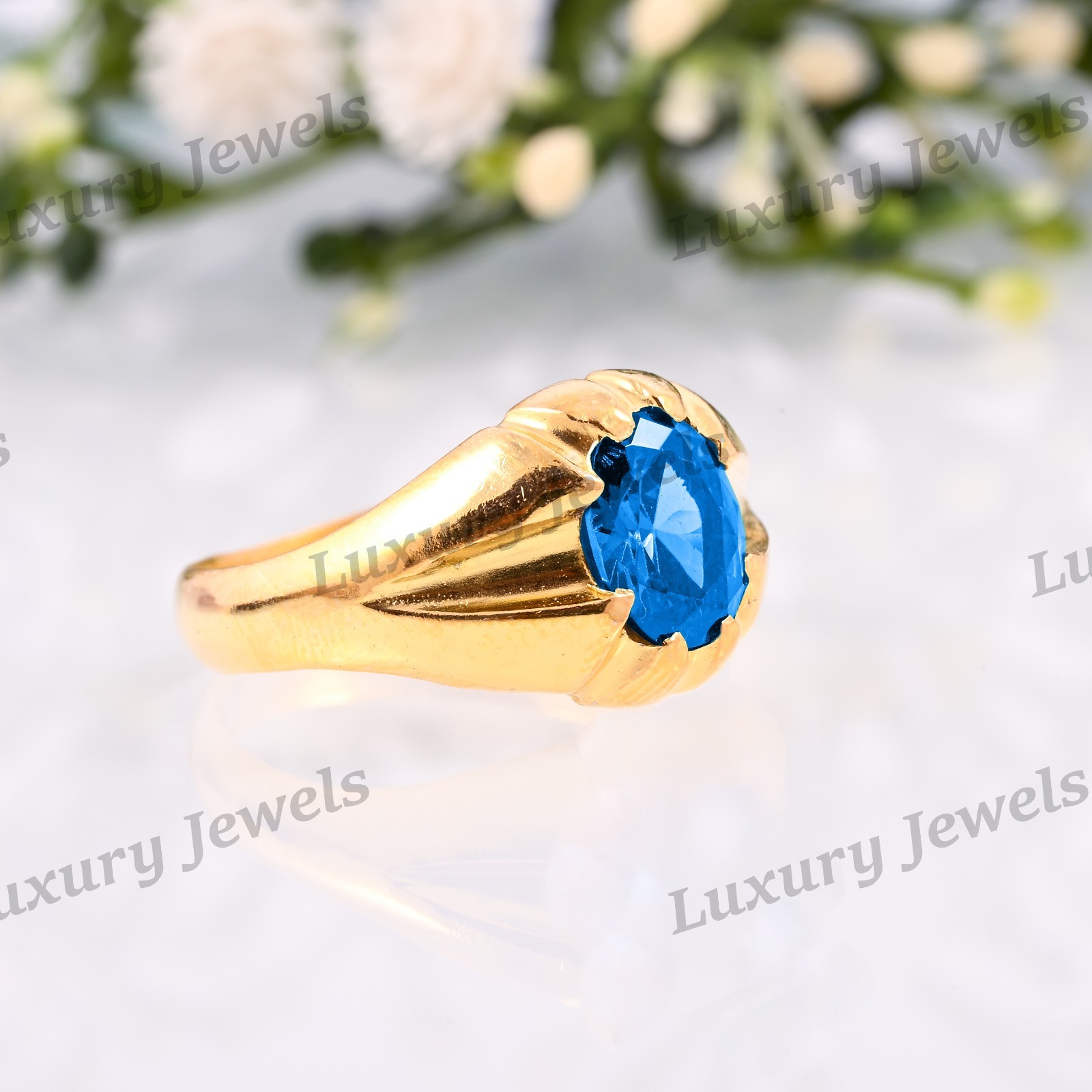 Swiss Blue Topaz Ring for Men 925 Sterling Silver Vintage Handmade Jewelry Fash