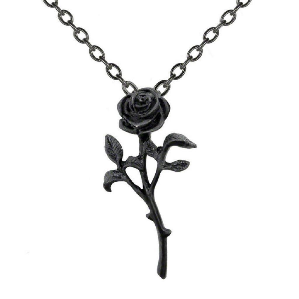 BLACK ROSE NECKLACE Gothic Romantic 4cm Pendant 50cm Chain Biker Punk Goth NEW