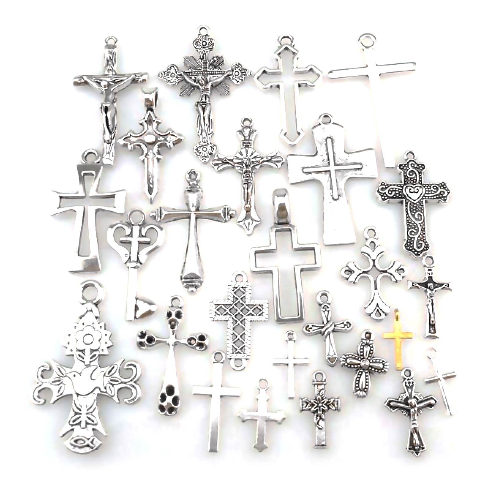 25PCS MIX Cross Pendant Vintage Antique Silver Tone Alloy Faith Religious Charm
