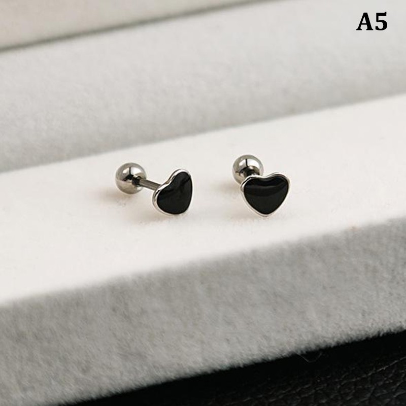 Silver Black Heart Star Round Small Stud Earrings for Women Ear Studs Jewelry