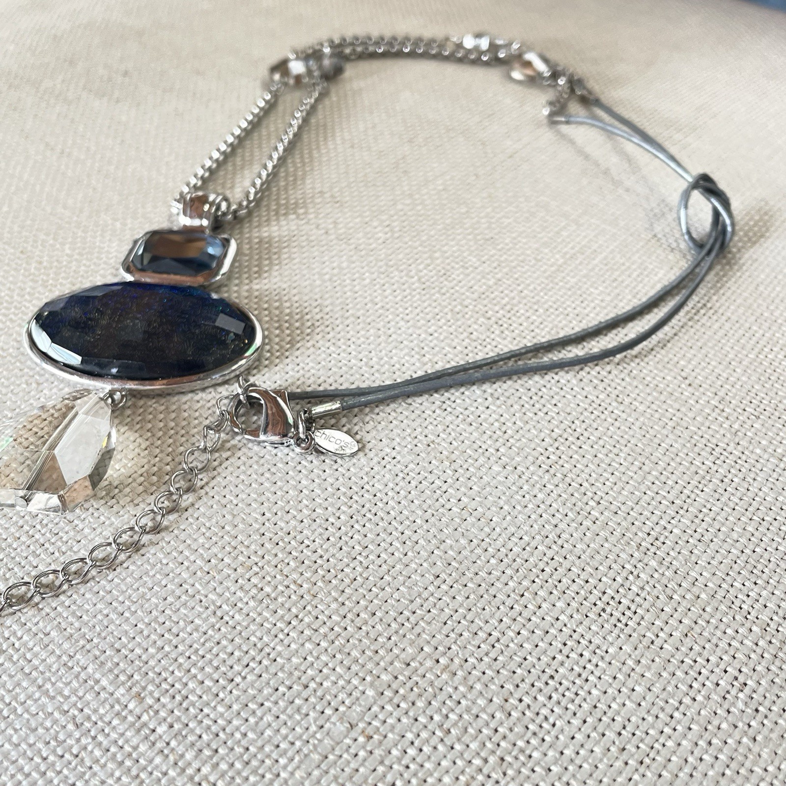 Chico’s Silver Tone Textured Chain Gray Cord Blue Jewel Charm Necklace Chic 34”