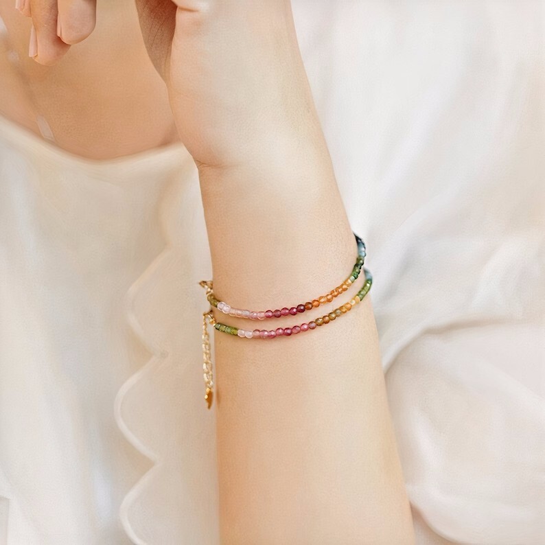 Minimalist Tourmaline 2mm Bead Healing Empath Protection Chakra Dainty Bracelet