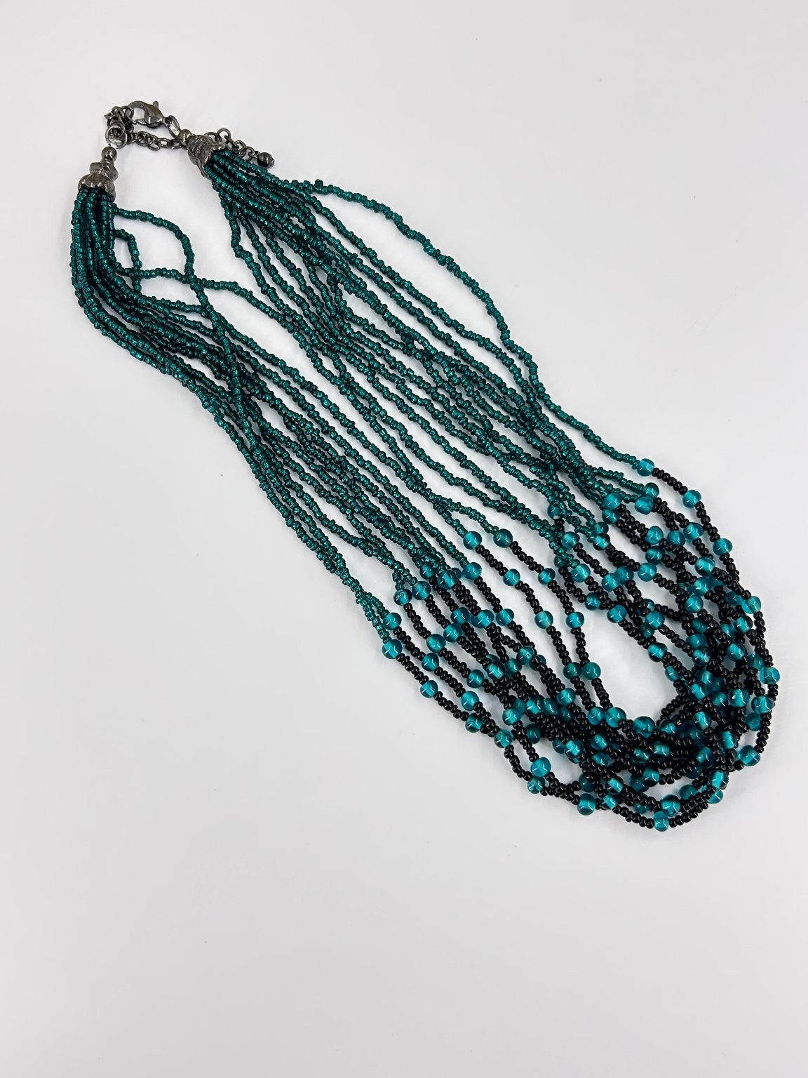 Multi-Strand Beaded Necklace 19-22 Inch Black Turquoise Glass Beads
