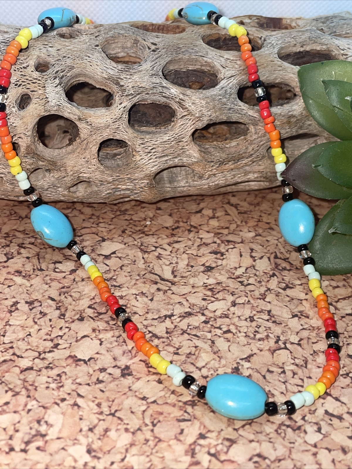 Handmade Beaded Turquoise Black Orange Yellow Choker Necklace BRIGHT Stocking St