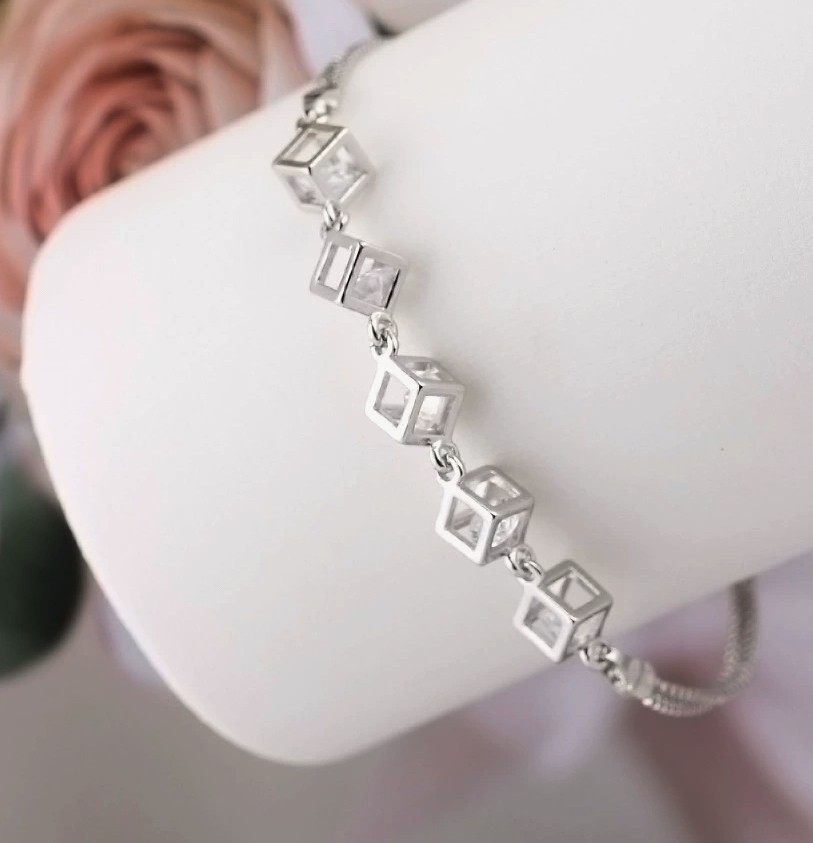 Sparkly Zircon Square Cube Double Box Chain Splice Silver Plated Alloy Bracelet