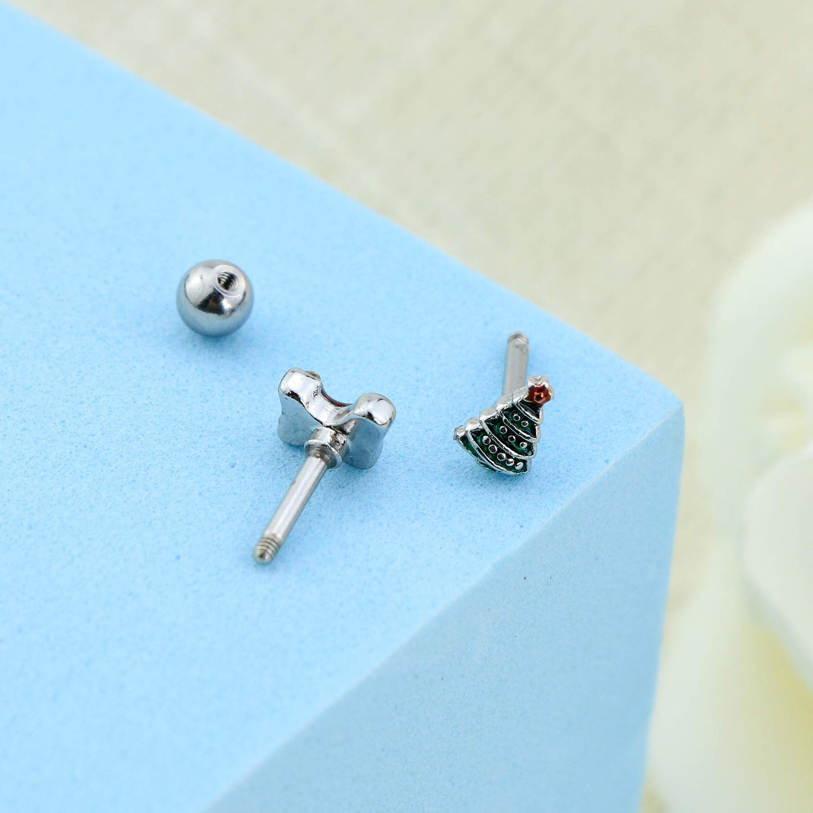 3PCS Christmas Tragus Earrings Cartilage Stud, 316L Surgical Steel, 16G 6MM