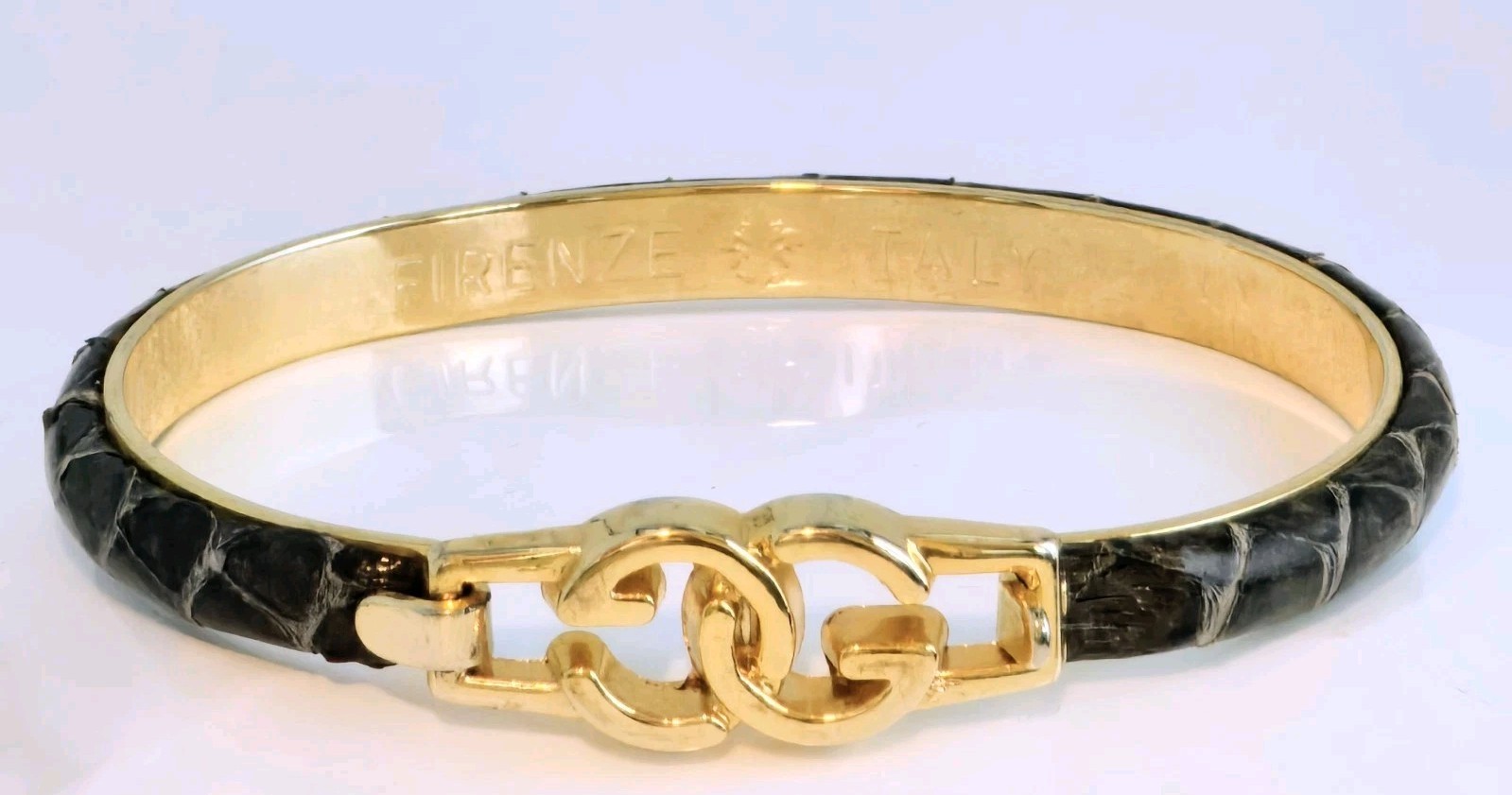 GUCCI SNAKESKIN BROWN GOLD-PLATED FIRENZE ITALY BANGLE BRACELET☆EC☆GUCCI LOGO