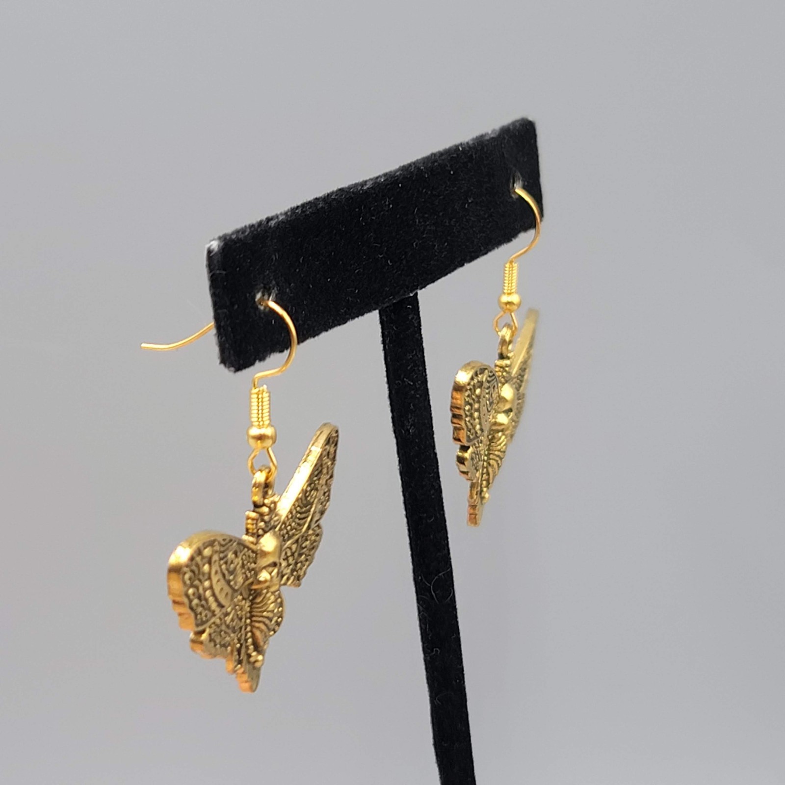 Moth Gold tone Embossed Pierced Earrings Dangle Goth Rock Punk 1 5/8″ x 1 in
