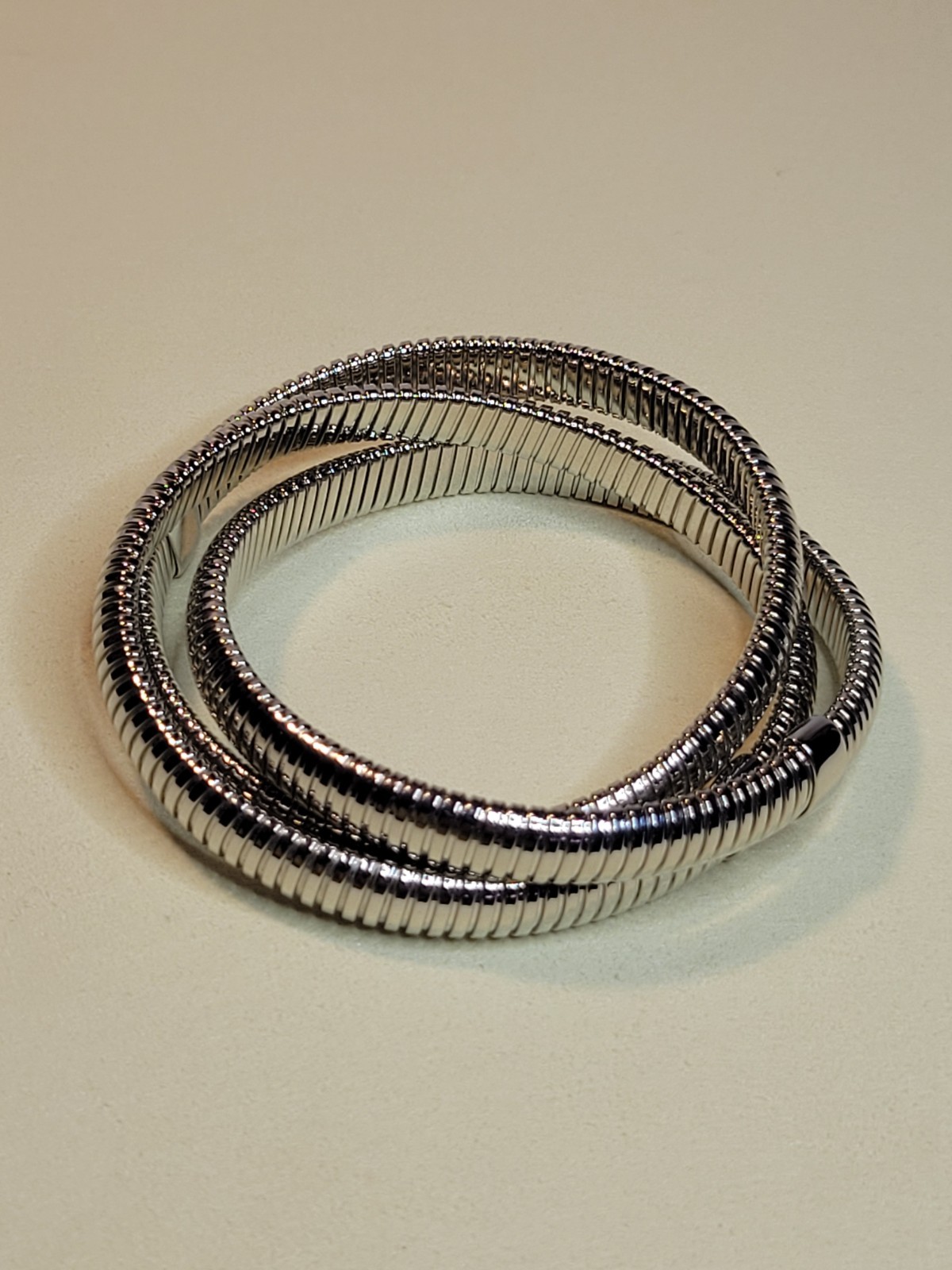 David Markstein Silvertone Three Strand Slip On Tubogas 8″ Stretch Bracelet