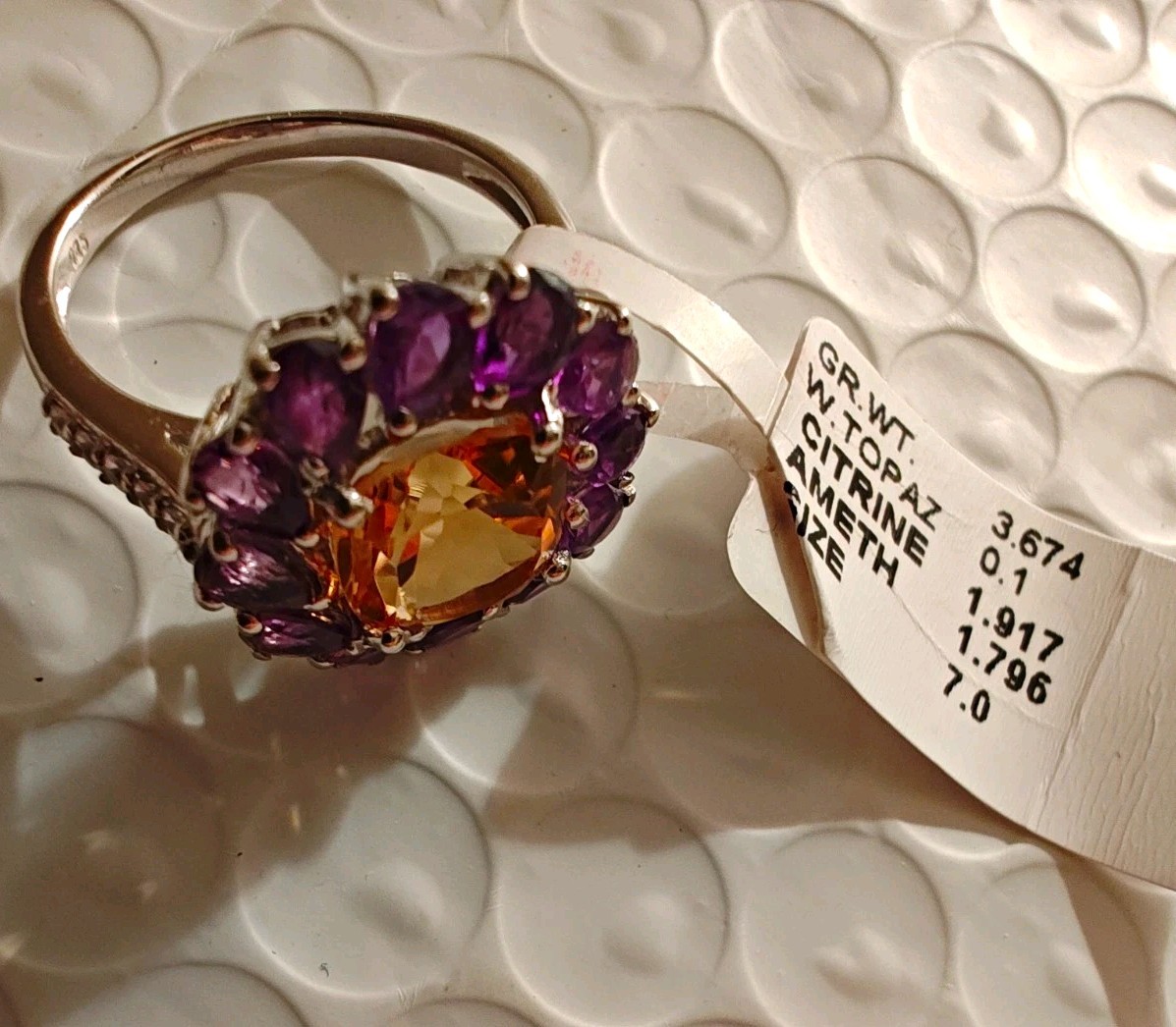 Sterling .925 Genuine Yellow Citrine & Amethyst Topay Halo Cocktail Ring Size 7
