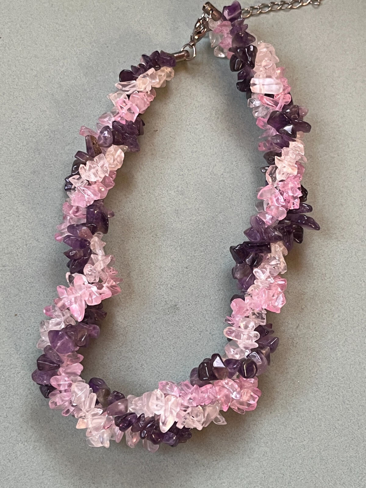 Purple White & Pink Plastic Nugget Twist Bead Choker Necklace – 13 inches long +