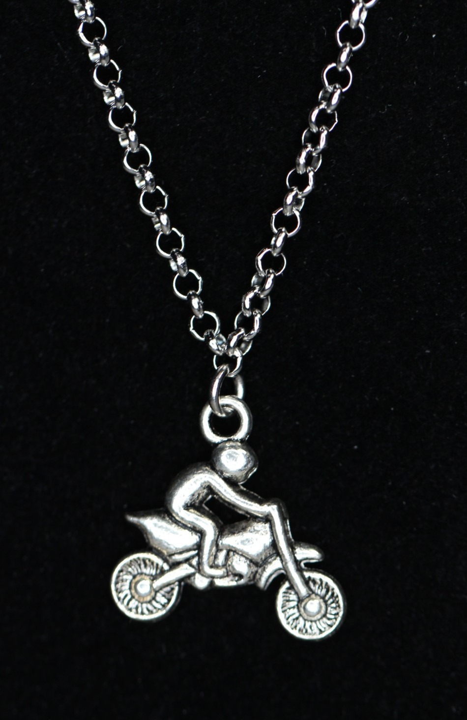 Dirt Bike Necklace Silver Pewter Charm 1″ Pendant 3mm Stainless Chain 18″ Biker