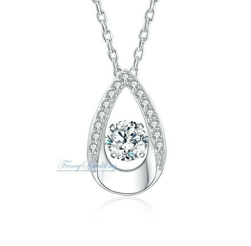 1Ct Womens Necklace Dancing Stone Pear Shape Pendant 14K Gold Plated 925 Silver