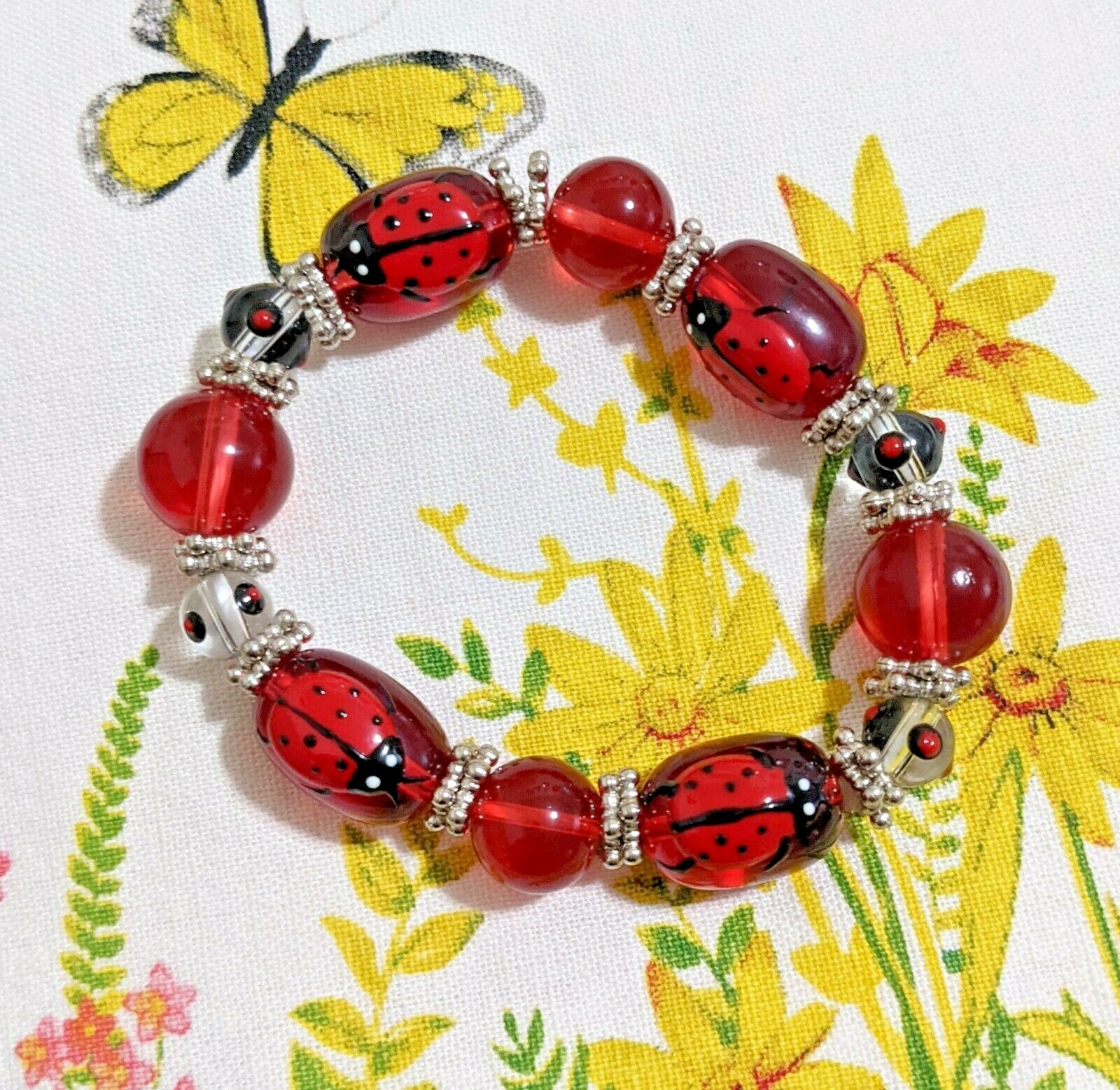 Ladybug Bracelet Spring Garden Red Bracelet for Women Beaded Stretch