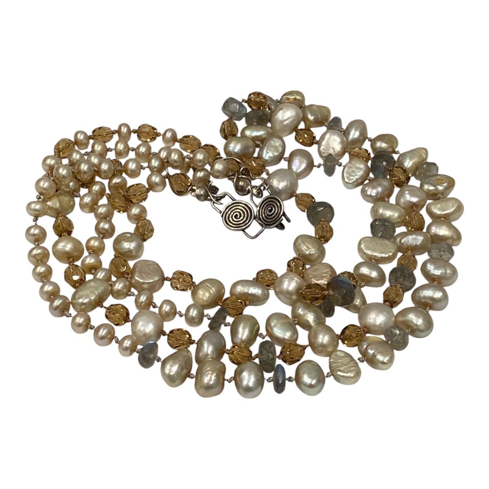 Vintage Artisan Pearl Citrine Multi Strand Necklace Sterling Silver Spiral Clasp