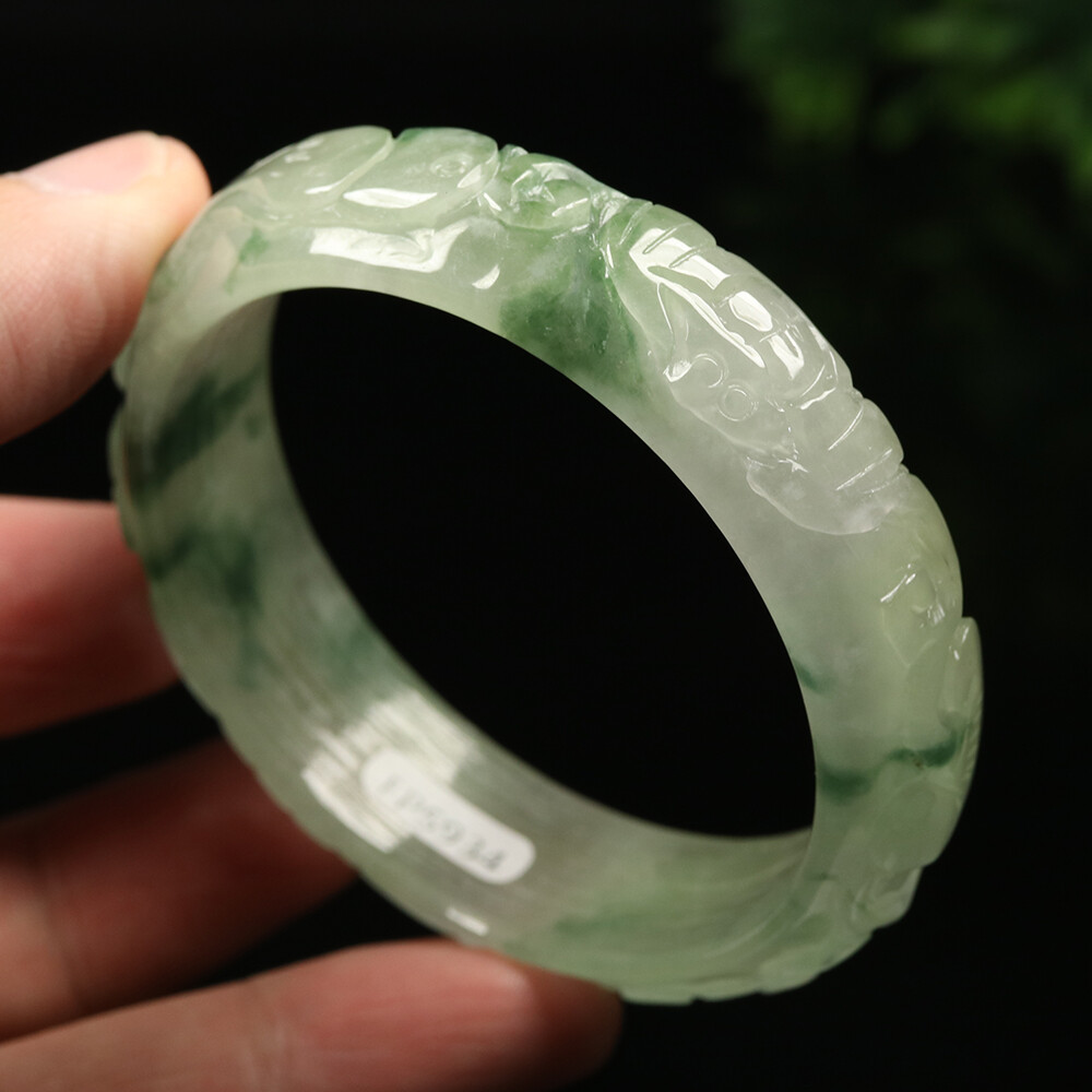 56mm White Green Jadeite Jade Bracelet Bangle Flower Bat Butterfly A-11921