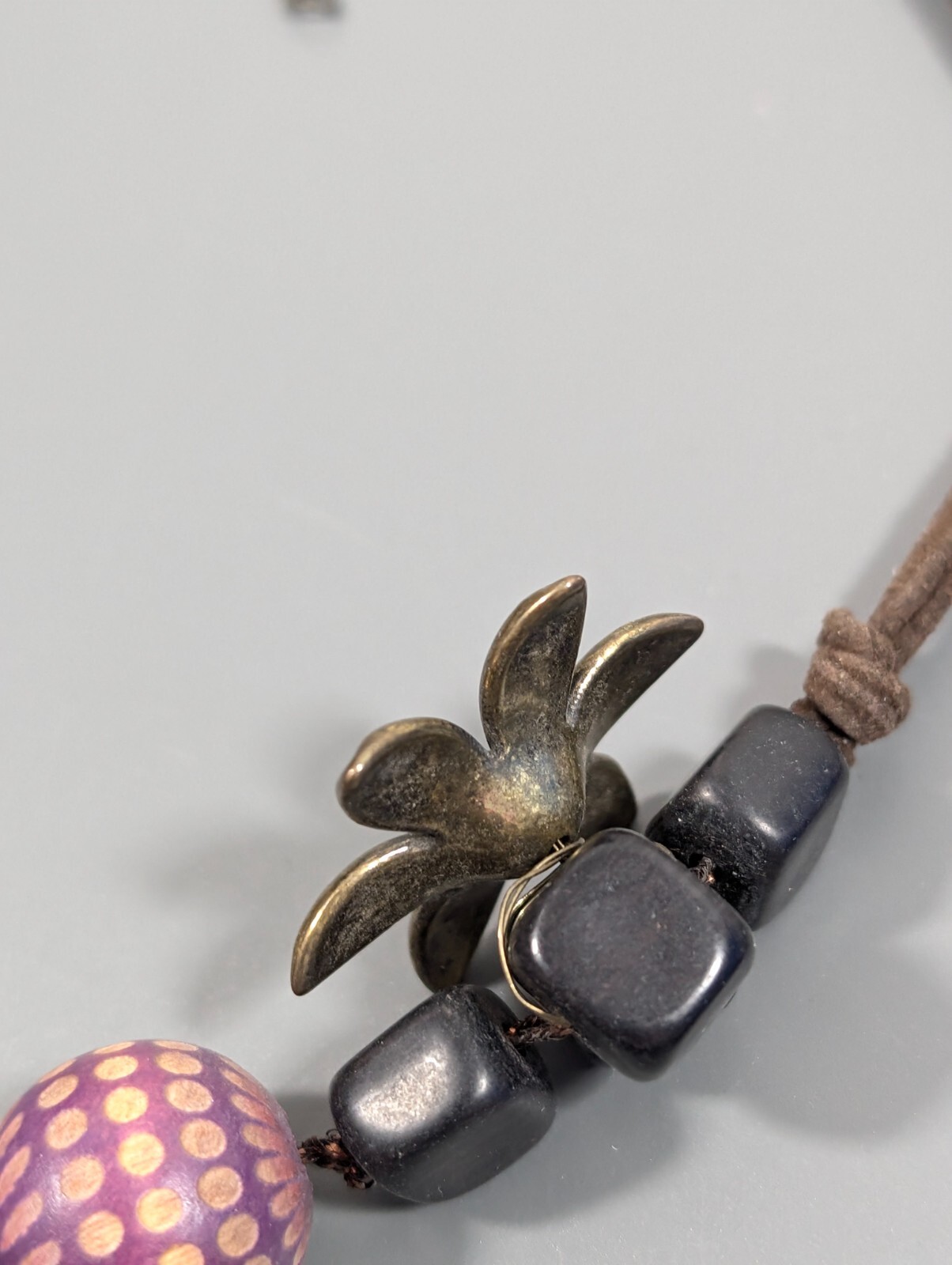 Boho Purple Bronze Tone Flower Beaded Filigree Ball Wood Cord Necklace 23 in