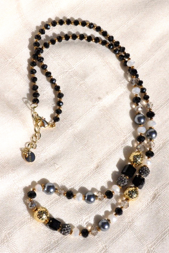 ELEGANT SAACHI BEADED NECKLACE, BLACK, WHITE, GREY, CRYSTAL GLASS, 31-34 INCHES
