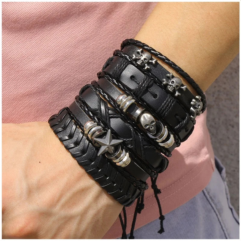 Punk Multilayer Antique Leather Bracelet Set Skull Eye Star Charms Hiphop Rock Y