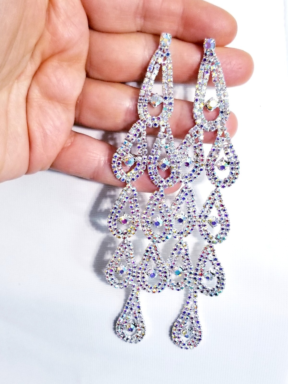Bridesmaid Drop Dangle Chandelier Earrings 5.8 inch AB Rhinestone Pageant Prom