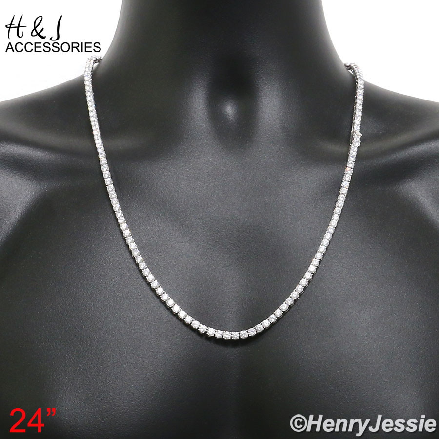 16″-30″MEN 14K WHITE GOLD PLATED 4MM BLING CZ 1 ROW TENNIS CHAIN NECKLACE*BN2