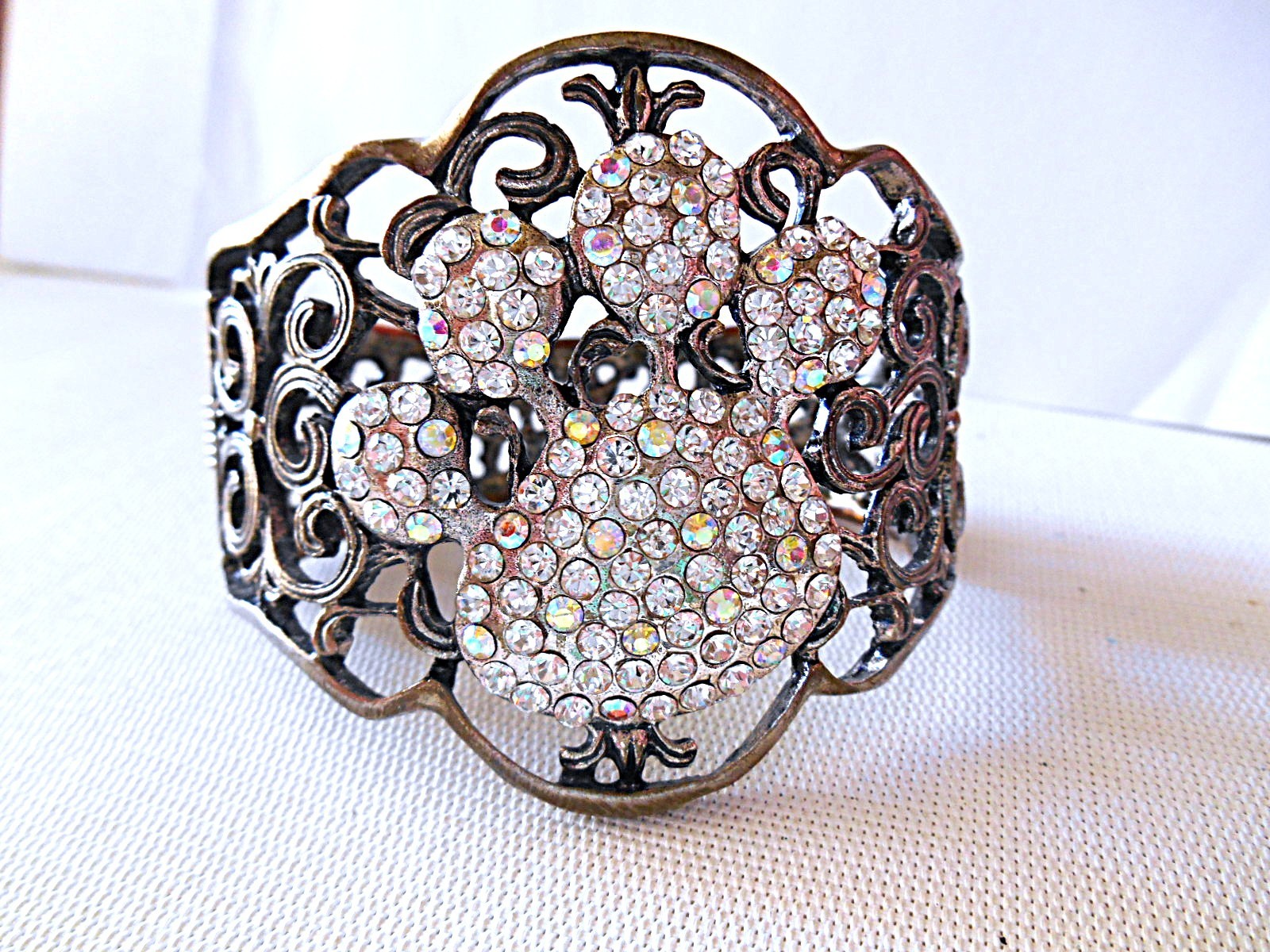 Large Bronzetone & AB Rhinestone Paw Print Clamper Bracelet