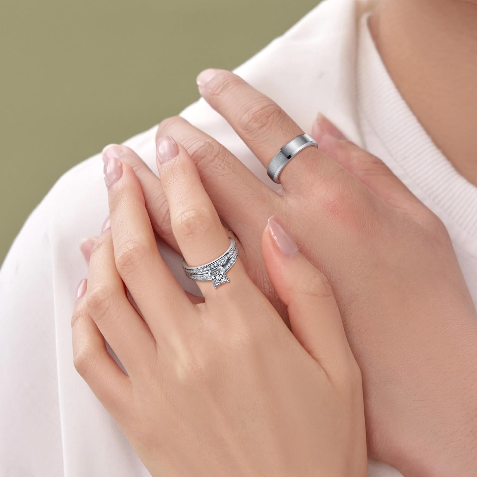 Promise Rings for Couple – Princess Cut Fake Engagement Ring Set & Men’s Tung…