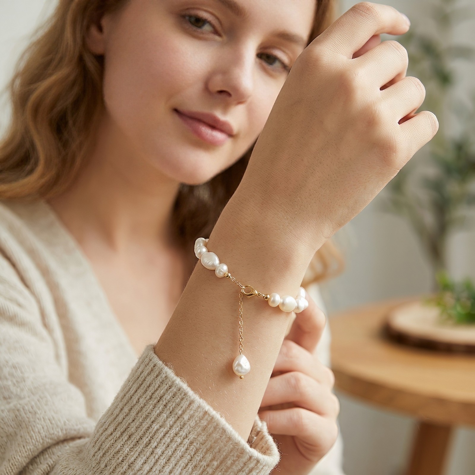 18K Gold Plated Freshwater Pearl Turquoise Bracelet Women’s Adjustable Gift