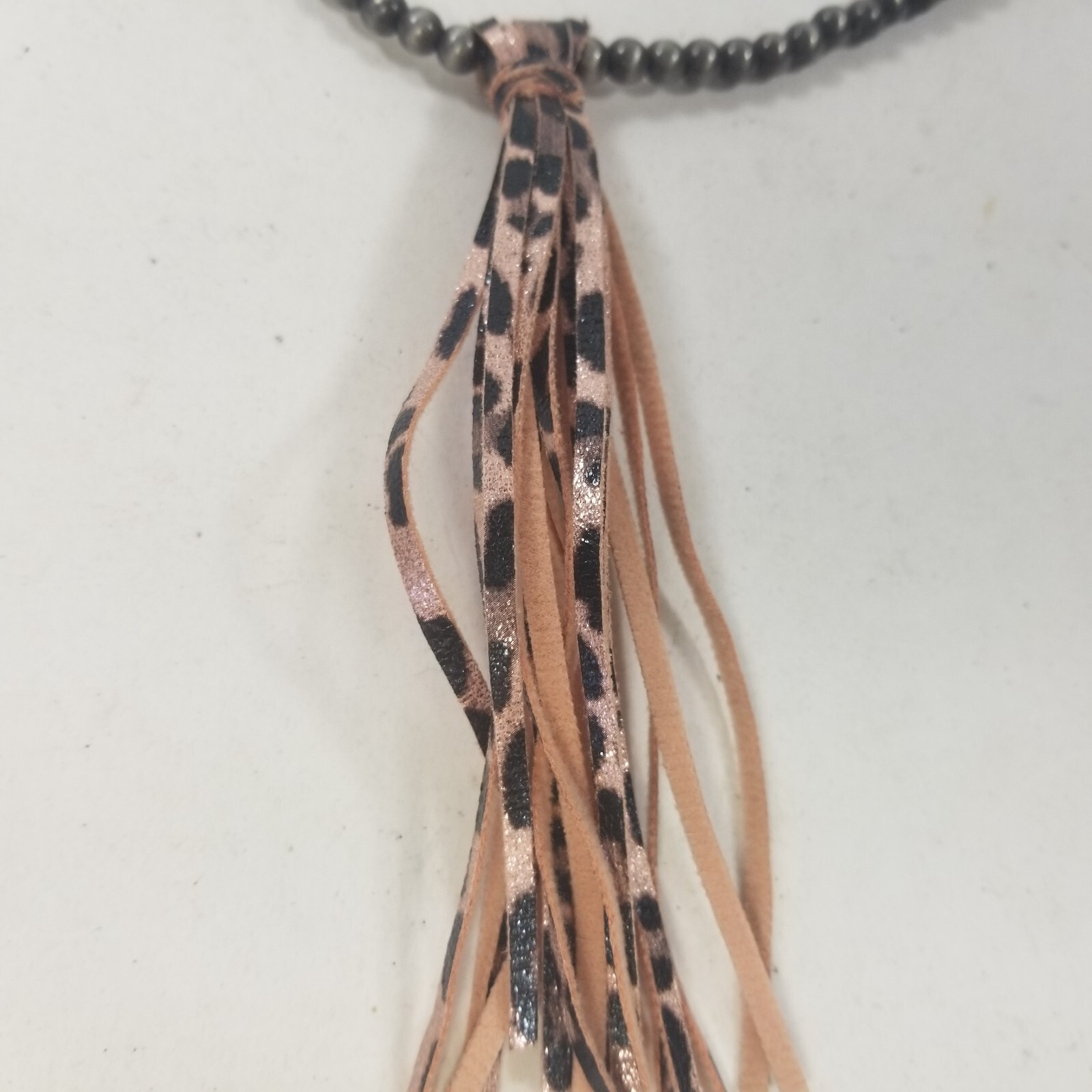 Gray Bead Tassle Necklace Boho Pink Leopard Print 33″
